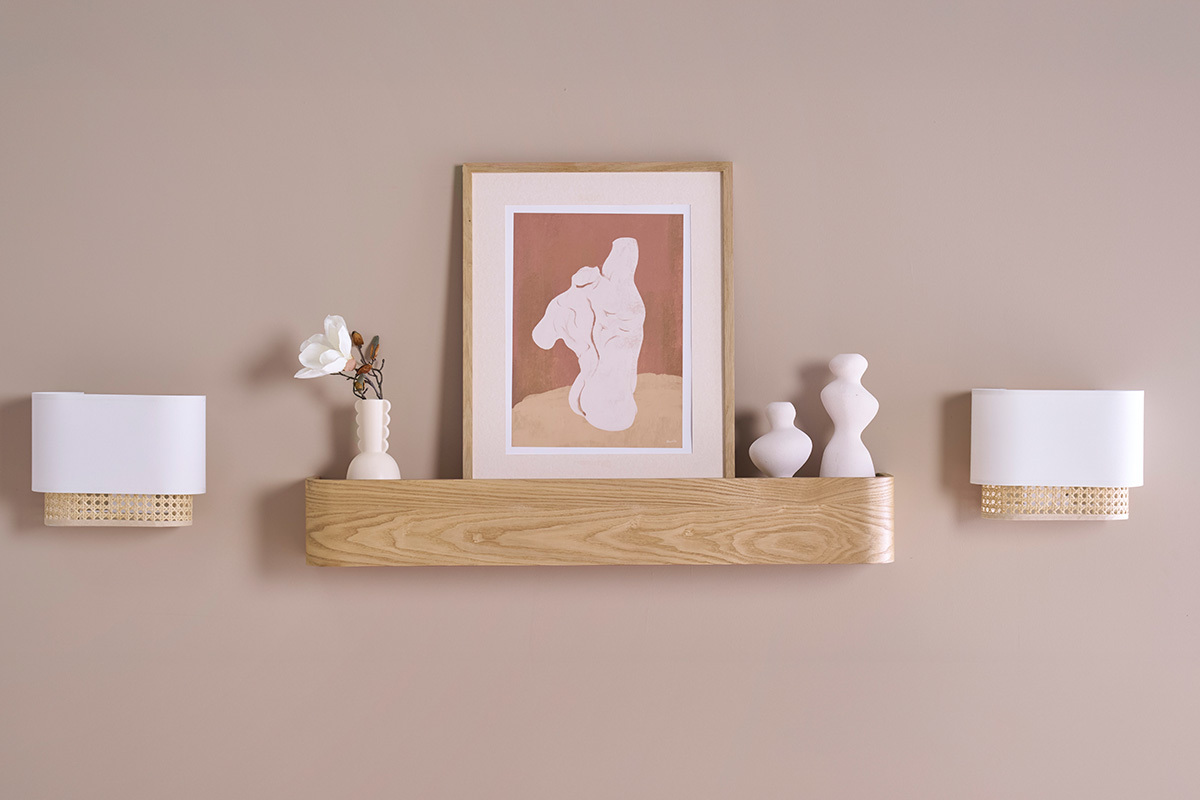 Applique murale en tissu blanc et cannage rotin naturel H20 cm TIWY