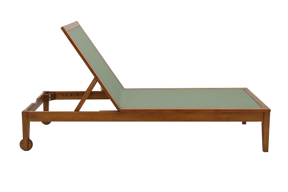 Bain de soleil vert kaki en bois massif avec dossier inclinable, vue de profil.