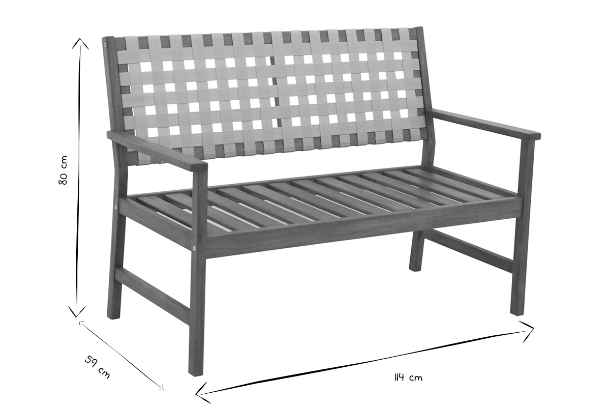 Banc de jardin en bois massif avec sangles, dimensions 114x59x80 cm en noir et blanc.