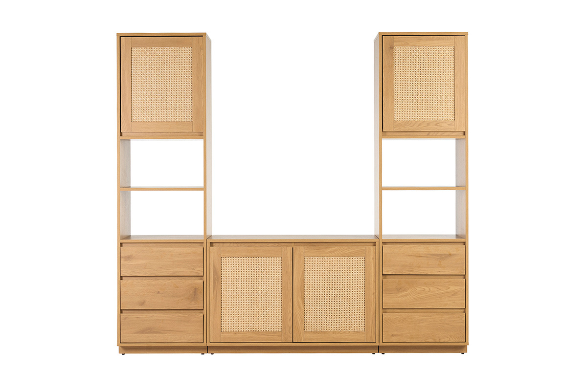 Biblioth�que en bois clair avec tiroirs et cannage rotin, vue de face, mod�le SEVILLE.