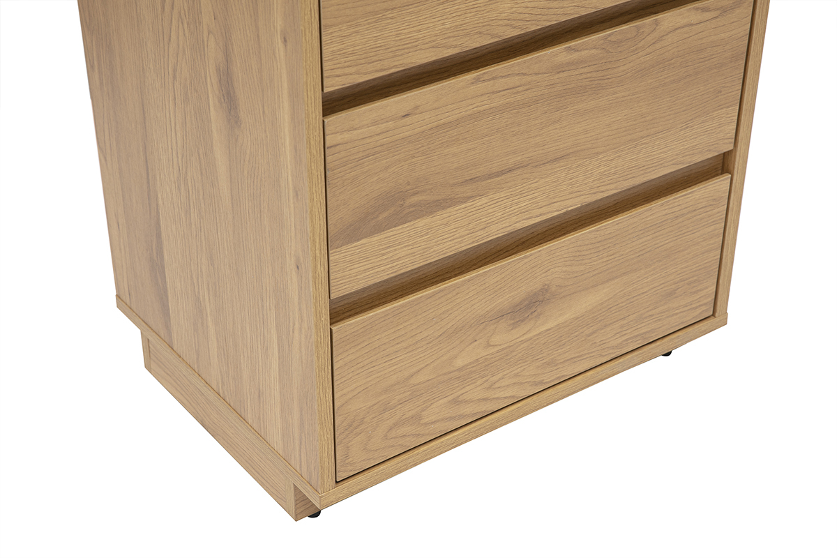 Biblioth�que en bois clair avec tiroirs, vue de haut.