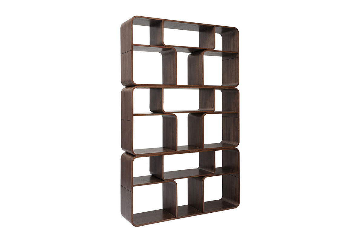 Biblioth�que ouverte en bois fonc� noyer, vue de 3/4, design modulaire et arrondi.