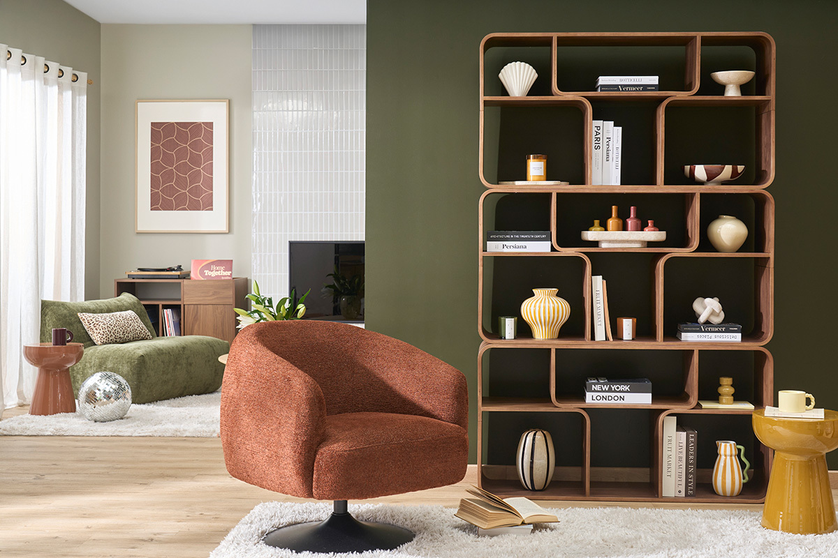 Biblioth�que ouverte multi casiers en bois fonc� noyer L120 cm WARHOL