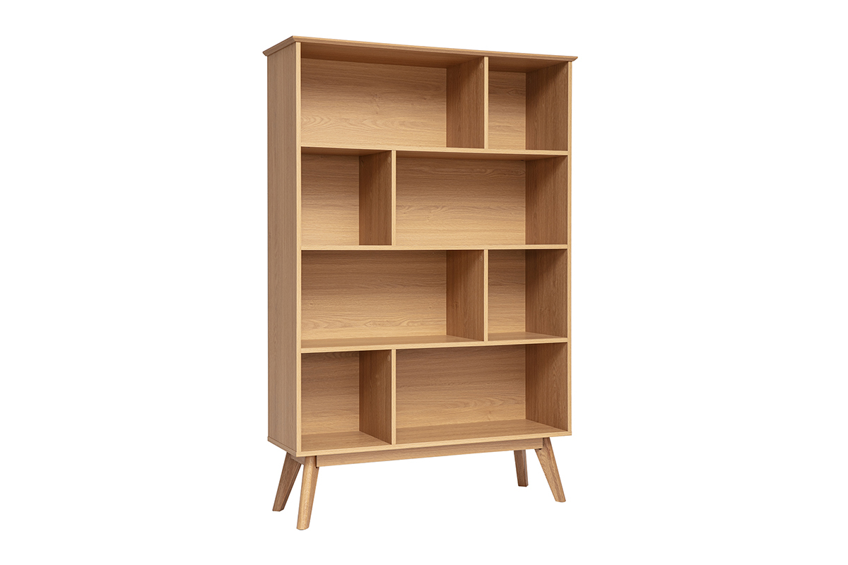 Biblioth�que scandinave en bois clair avec 8 casiers, vue de 3/4.