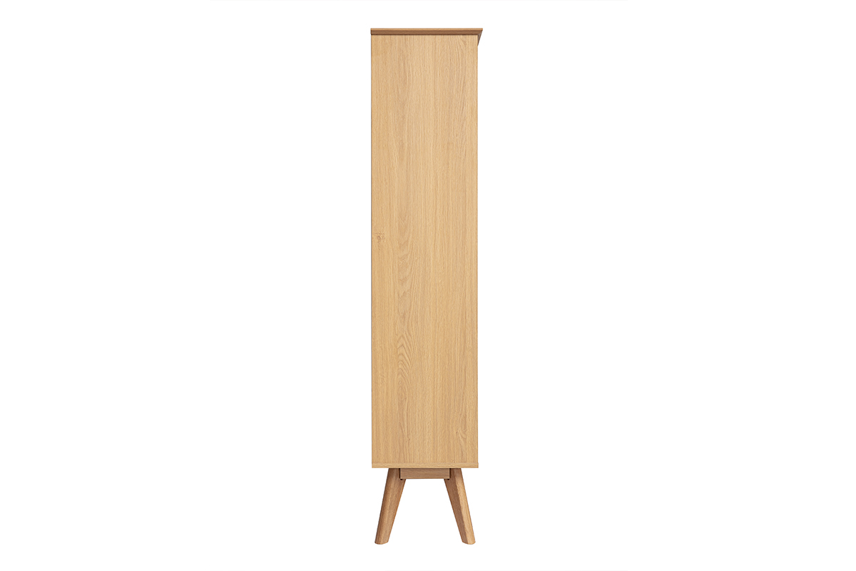 Biblioth�que scandinave en bois clair vue lat�rale avec pieds inclin�s.