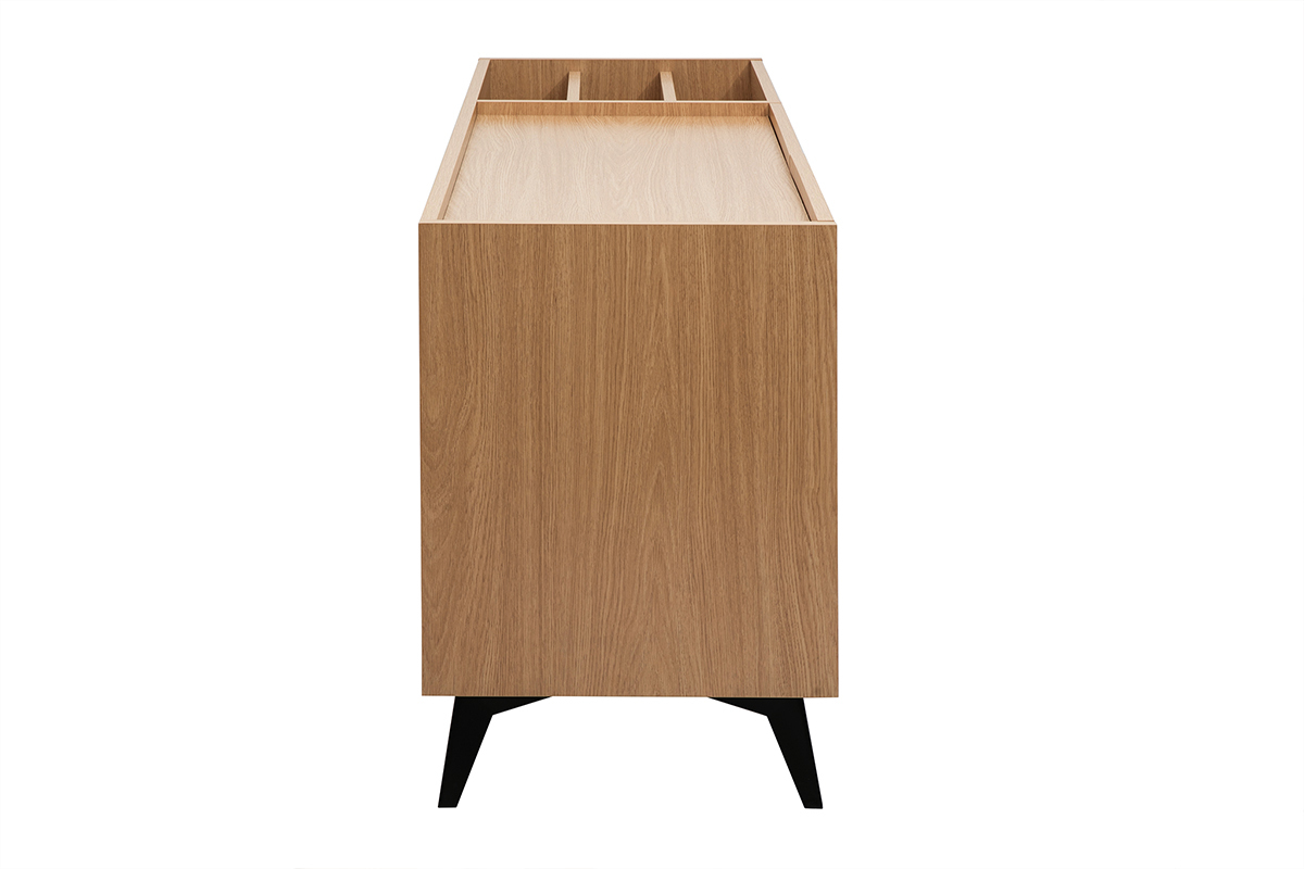 Buffet de rangement vinyles en bois clair avec finition ch�ne et m�tal noir, L140 cm. Vue de profil.