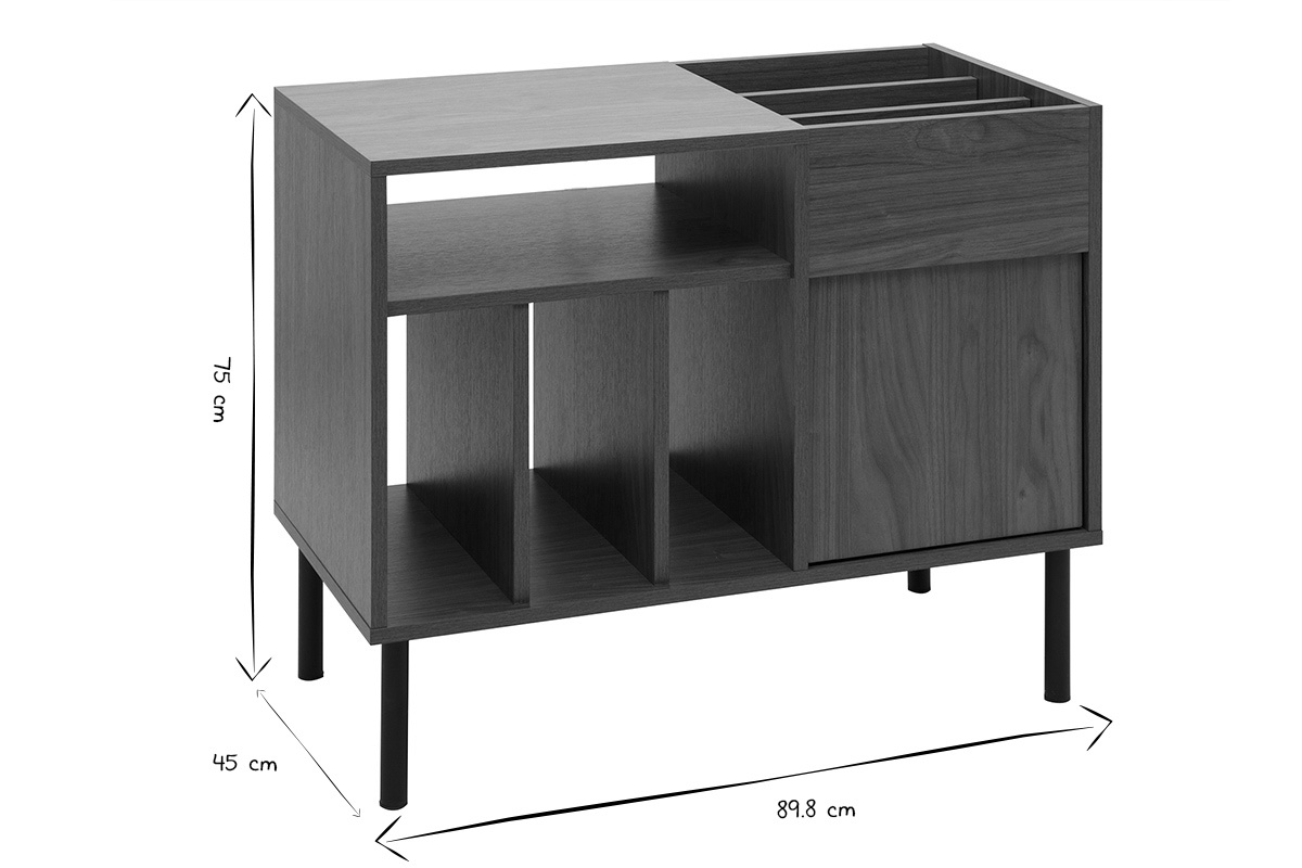 Buffet vinyles bois fonc� finition noyer et m�tal noir L90 cm avec compartiments et niche ouverte