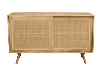 Buffet en bois manguier massif et cannage rotin 2 portes coulissantes L135 cm ACANGE