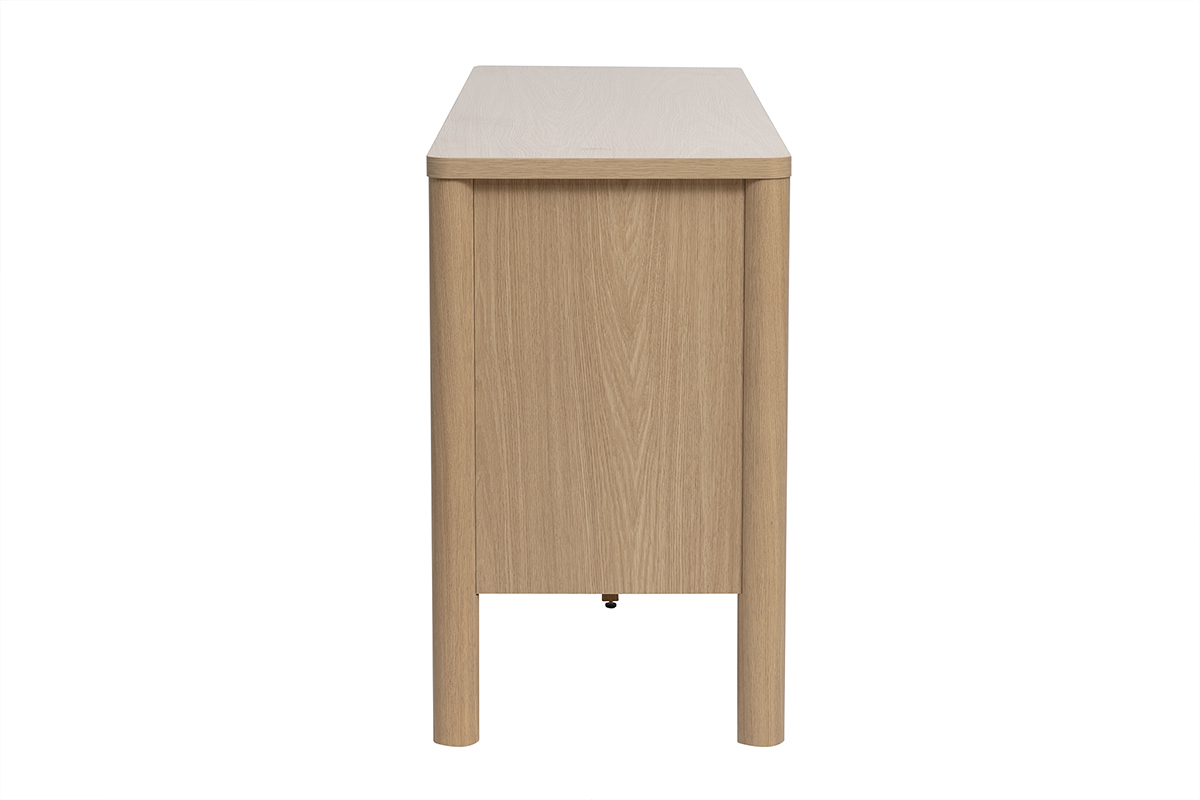 Buffet en bois clair ch�ne, vue de profil, avec trois portes et quatre pieds cylindriques.