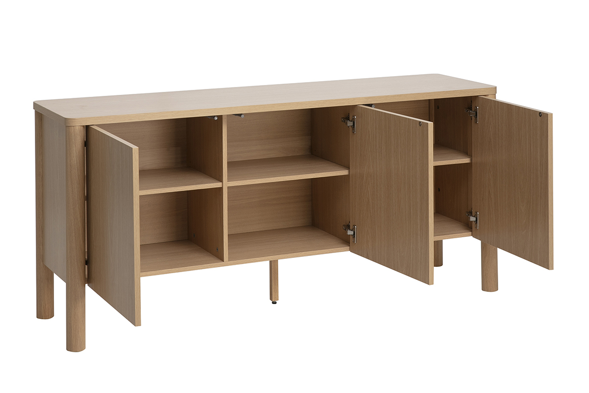 Buffet en bois clair ch�ne avec 3 portes ouvertes, pr�sentant des compartiments de rangement.