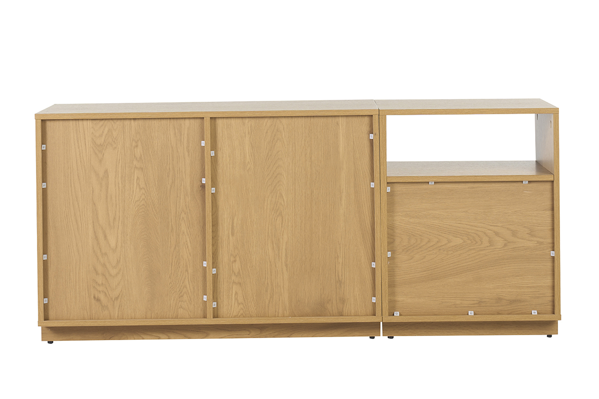 Buffet en bois clair ch�ne avec cannage rotin, 2 portes, 2 tiroirs, vue de dos.