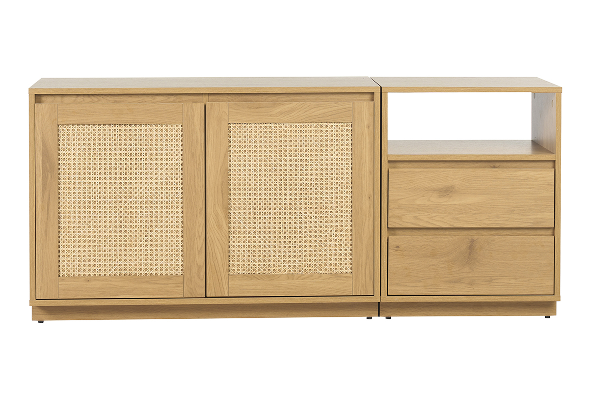 Buffet 2 portes en bois clair et cannage rotin avec 2 tiroirs, vue de face.