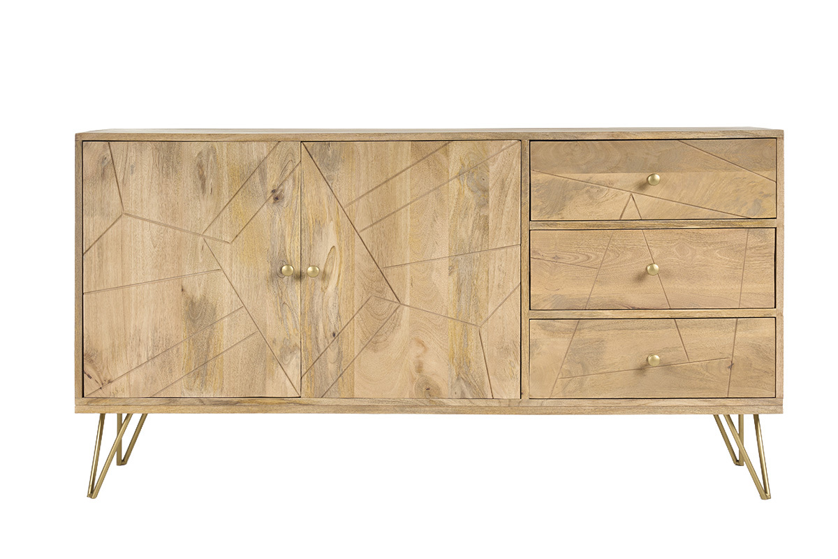 Buffet en bois manguier avec 2 portes, 3 tiroirs et pieds en m�tal dor�, vue de face.