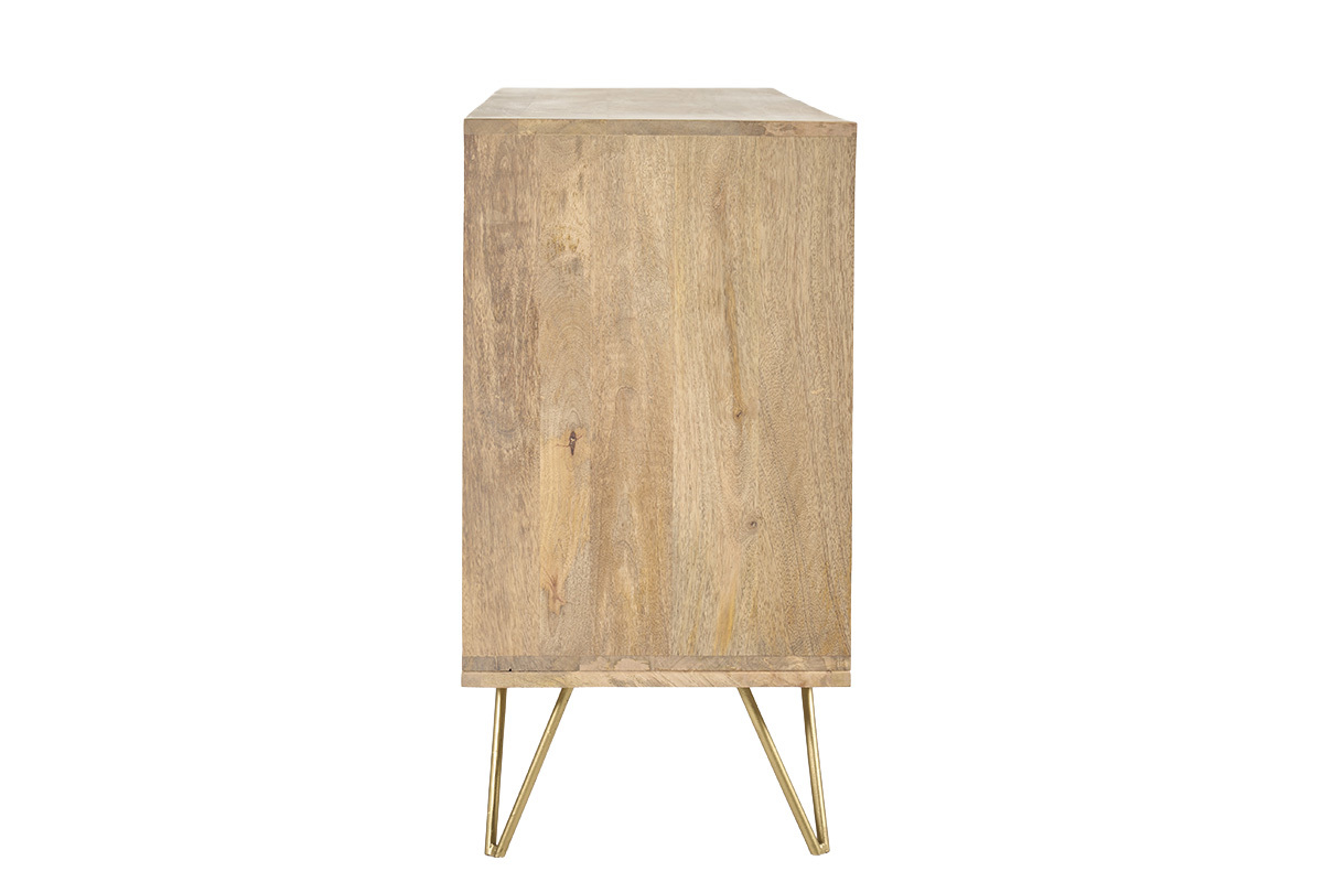Buffet en bois manguier massif vu de profil, pieds m�tal dor�.