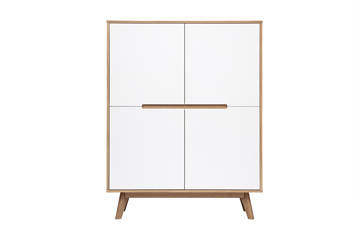Buffet haut scandinave en bois et blanc avec 4 portes, vue de face.