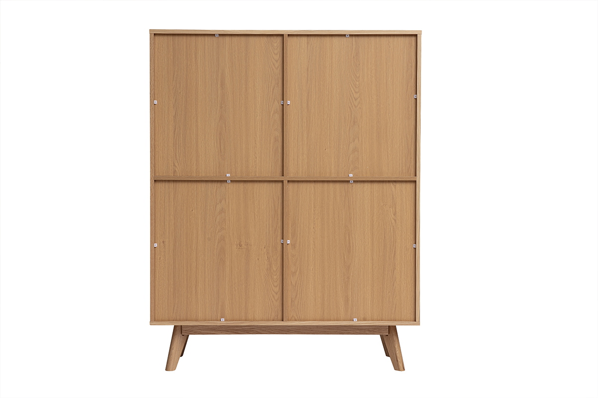 Buffet haut scandinave en bois avec quatre portes, vue de dos.