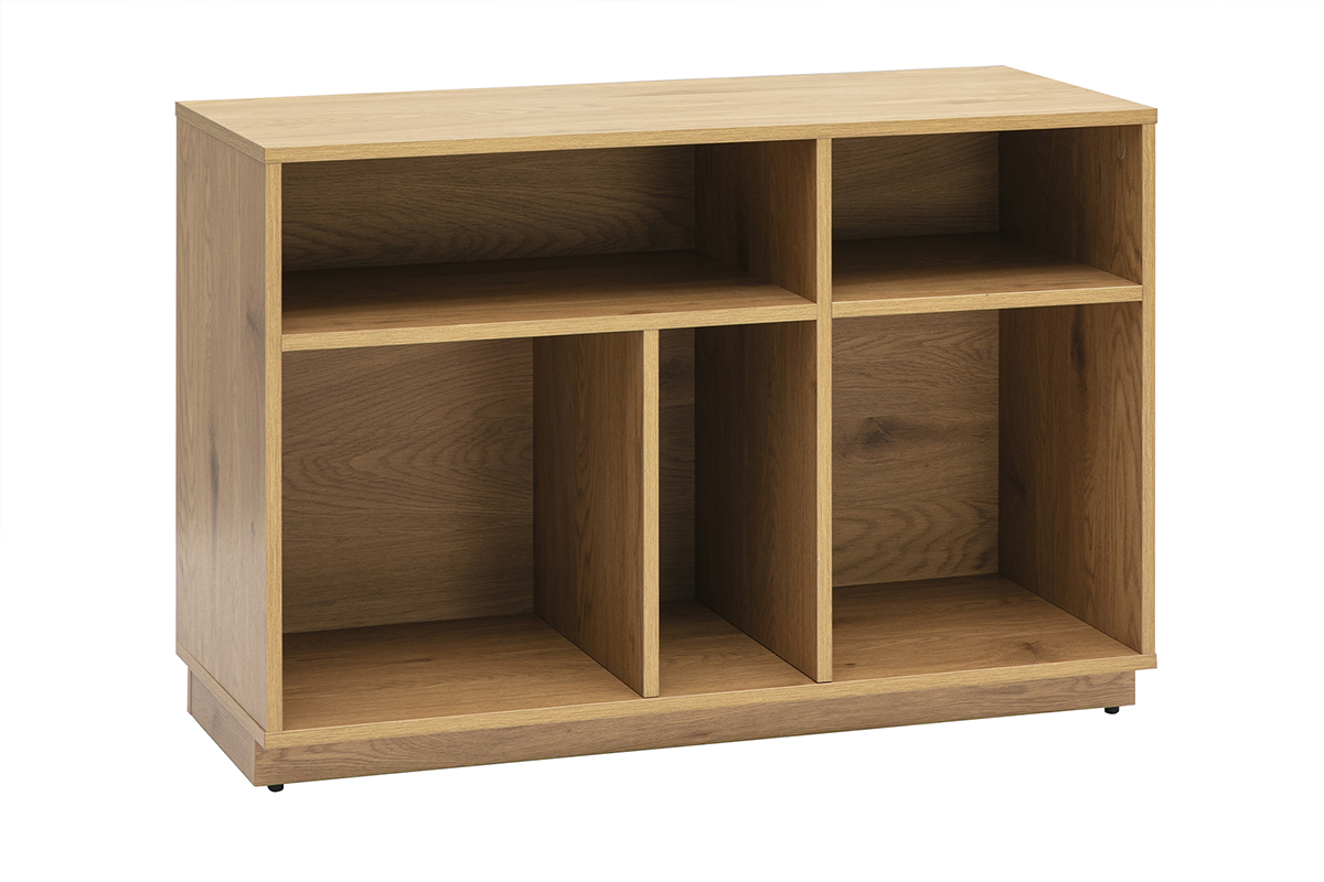 Buffet ouvert en ch�ne clair avec rangements, vue de 3/4.