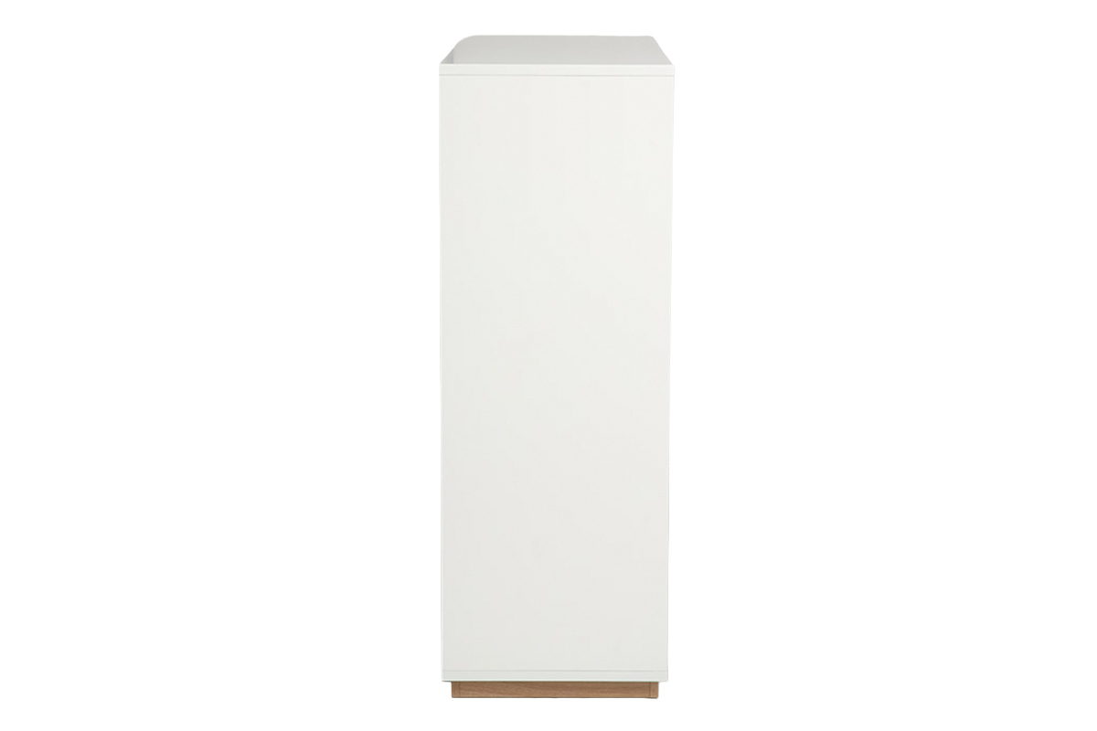 Buffet scandinave blanc et bois clair, vue de profil, dimensions L100 x P39,5 x H112 cm.