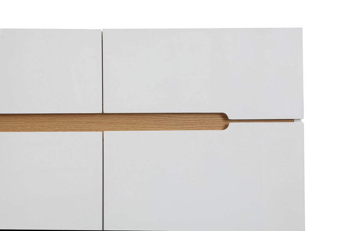 Buffet scandinave blanc laqu� brillant et finition bois clair 2 portes 2 tiroirs L80 cm MELKA