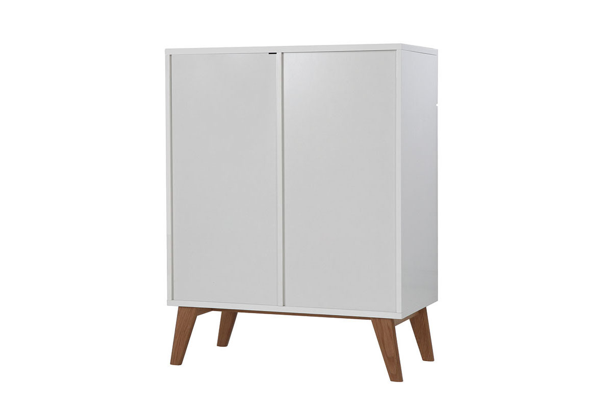 Buffet scandinave blanc laqu� brillant et finition bois clair 2 portes 2 tiroirs L80 cm MELKA