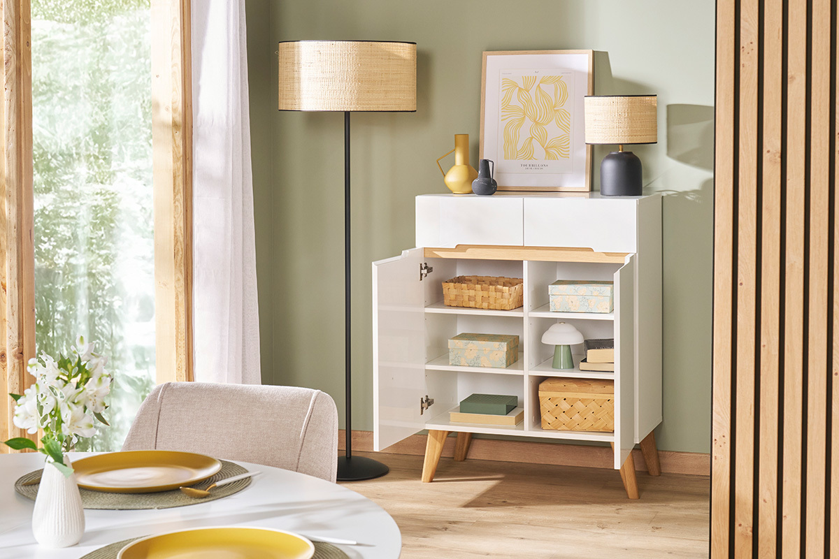 Buffet scandinave blanc laqu� brillant et finition bois clair 2 portes 2 tiroirs L80 cm MELKA