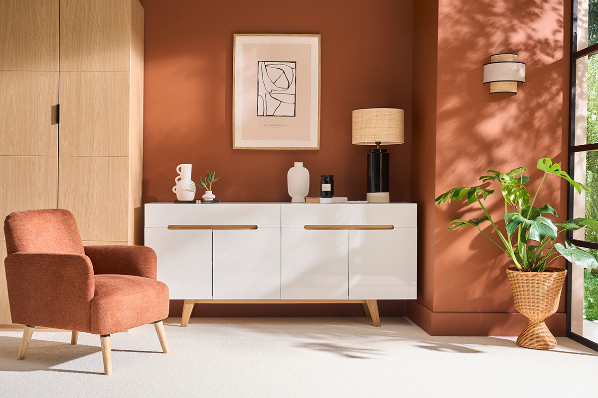 Buffet scandinave blanc laqu� brillant et finition bois clair 4 portes 2 tiroirs L180 cm MELKA