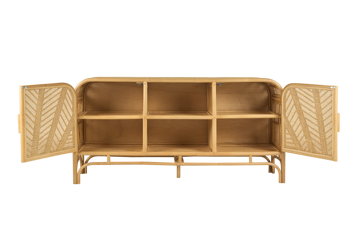 Buffet vintage en rotin avec portes ouvertes, montrant six �tag�res internes.