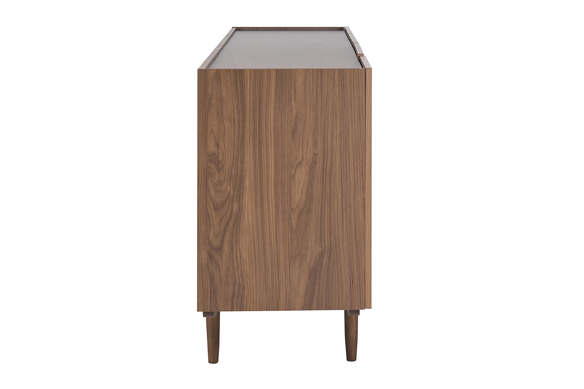 Buffet SANAA en bois fonc� vue de c�t�, pieds fins, finition noyer.