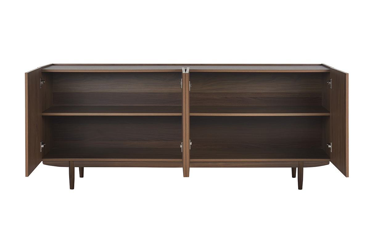 Buffet vintage finition bois fonc� noyer � 4 portes ouvertes, vue de face avec �tag�res.