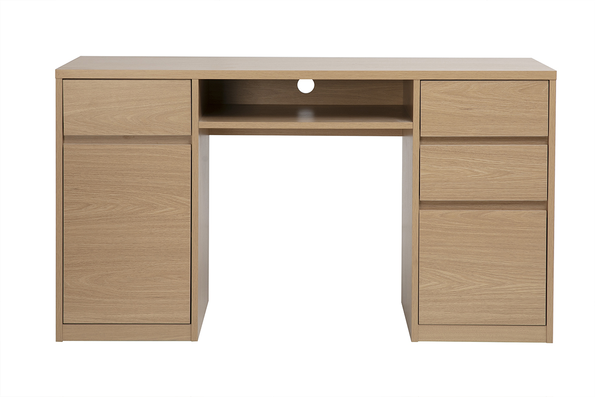 Bureau en bois clair ch�ne avec trois tiroirs et une porte, vue de face.