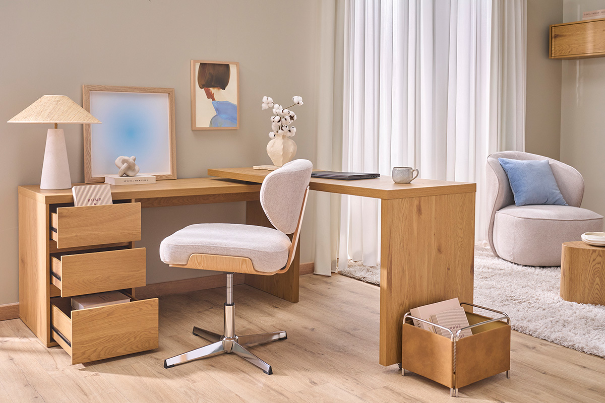 Bureau modulable avec rangements finition bois clair ch�ne L153-269 cm MELVIN