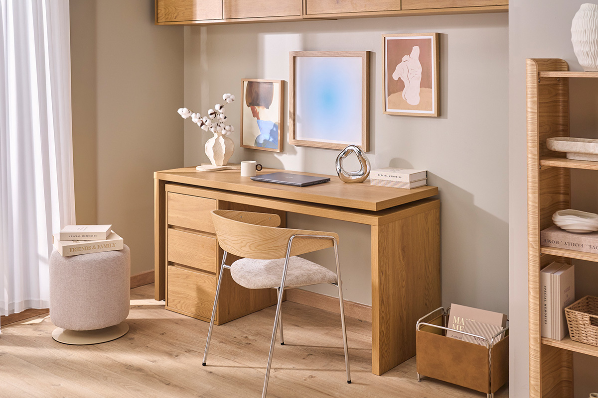 Bureau modulable avec rangements finition bois clair ch�ne L153-269 cm MELVIN