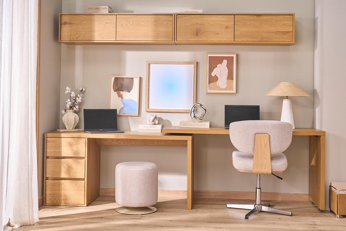 Bureau modulable avec rangements finition bois clair ch�ne L153-269 cm MELVIN