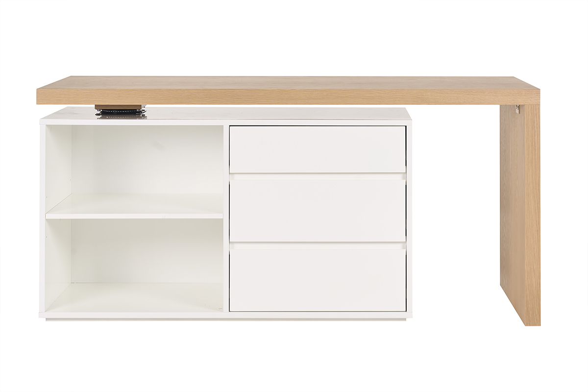 Bureau modulable blanc et bois avec deux niches, trois tiroirs, vue de face.