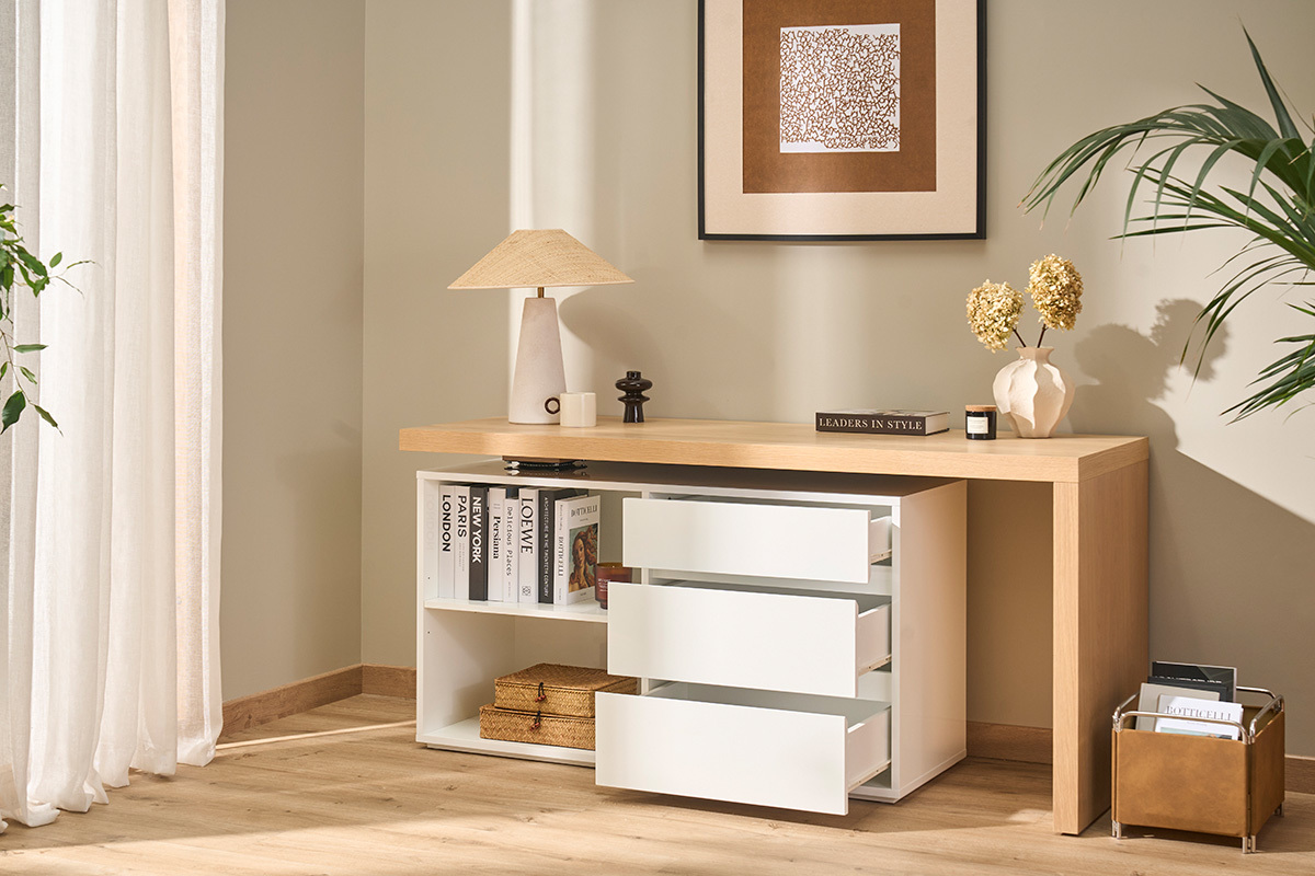 Bureau modulable design blanc brillant et bois clair fr�ne L160-235 cm NEW MAX