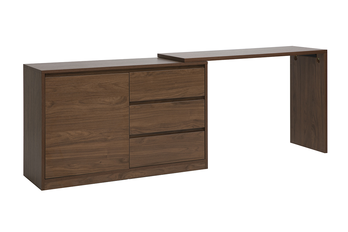 Bureau modulable finition bois fonc� noyer, vue de 3/4 avec extension coulissante.
