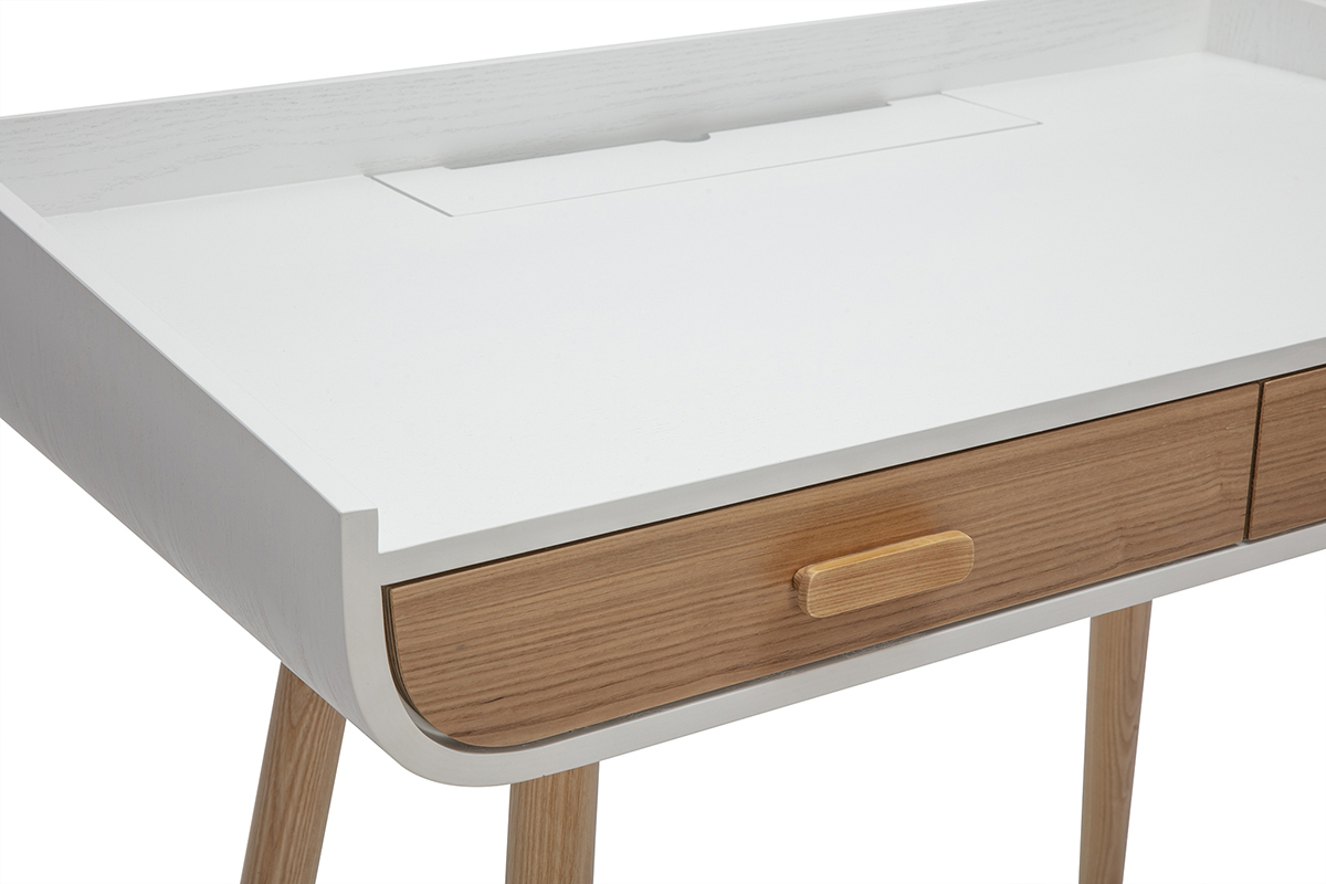 Bureau scandinave blanc et bois clair avec rangements 2 tiroirs L100 cm HALLEN