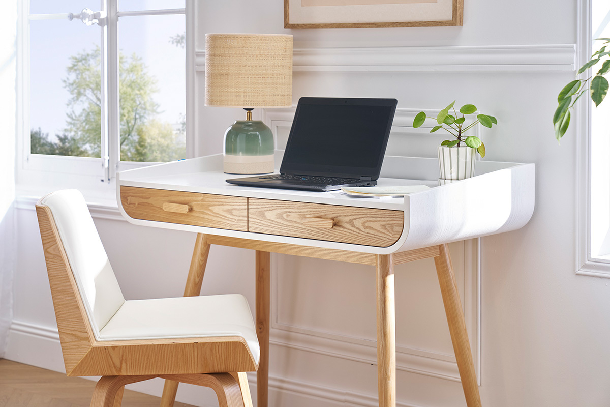 Bureau scandinave blanc et bois clair avec rangements 2 tiroirs L100 cm HALLEN