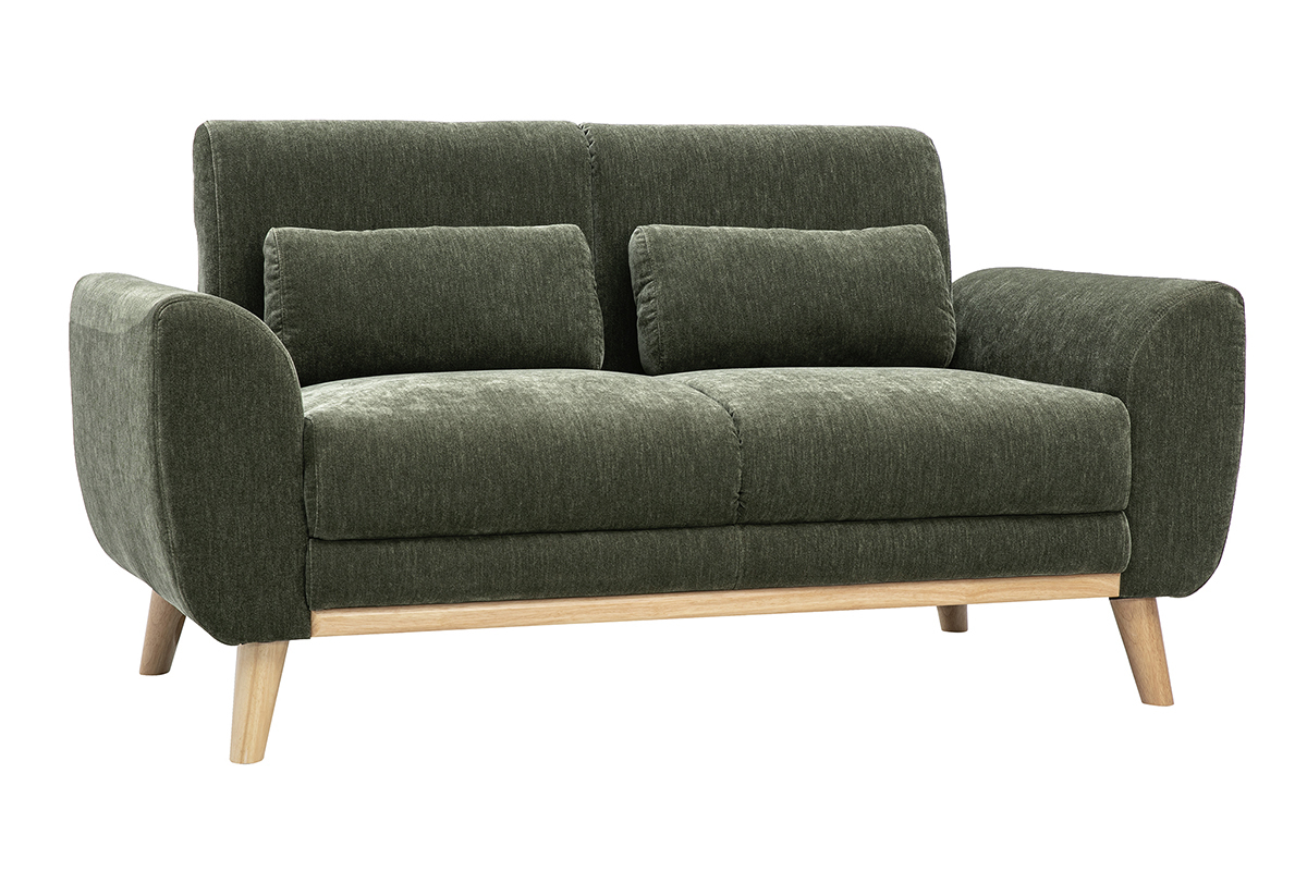 Canap� 2 places en tissu effet velours vert kaki avec coussins, pieds en bois clair