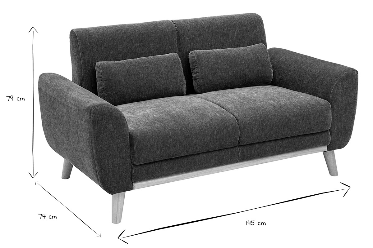 Dimensions du canap� 2 places : 145 cm de large, 74 cm de profondeur, 79 cm de hauteur, en noir et blanc.