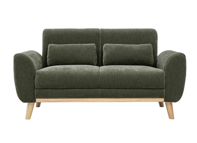 Canap&eacute; 2 places en tissu effet velours vert kaki et bois clair EKTOR