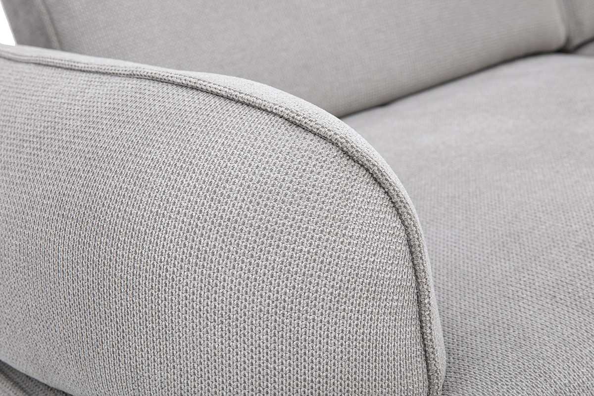 D�tail du tissu chenille gris du canap� 3 places �lectrique OTIS avec accoudoir arrondi.