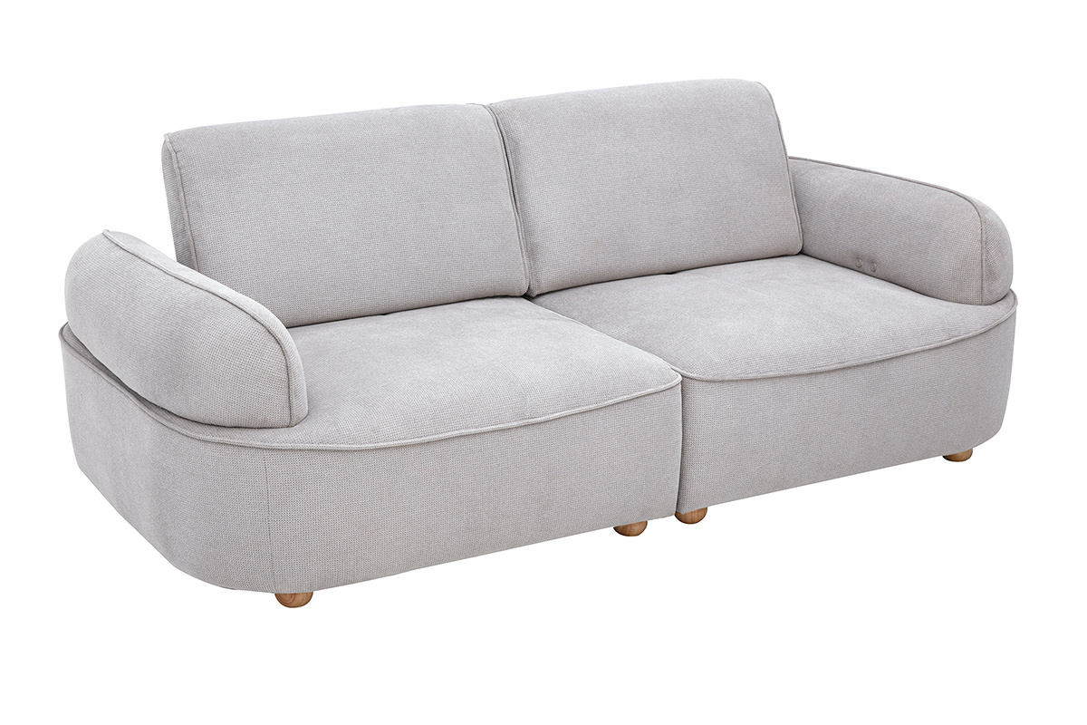 Canap� 3 places �lectrique OTIS en tissu chenille gris, vue de 3/4, avec accoudoirs arrondis et pieds en bois clair.