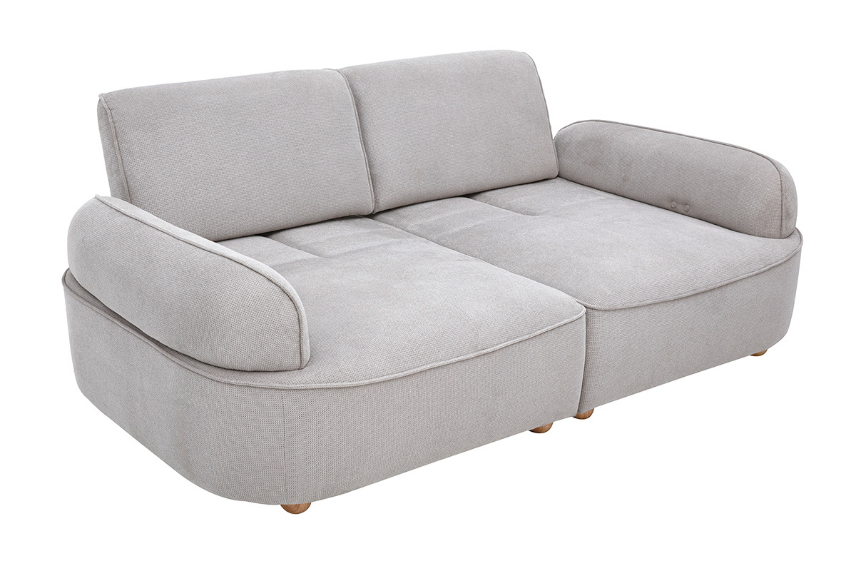 Canap� 3 places �lectrique en tissu chenille gris et bois clair OTIS, vue de trois quarts