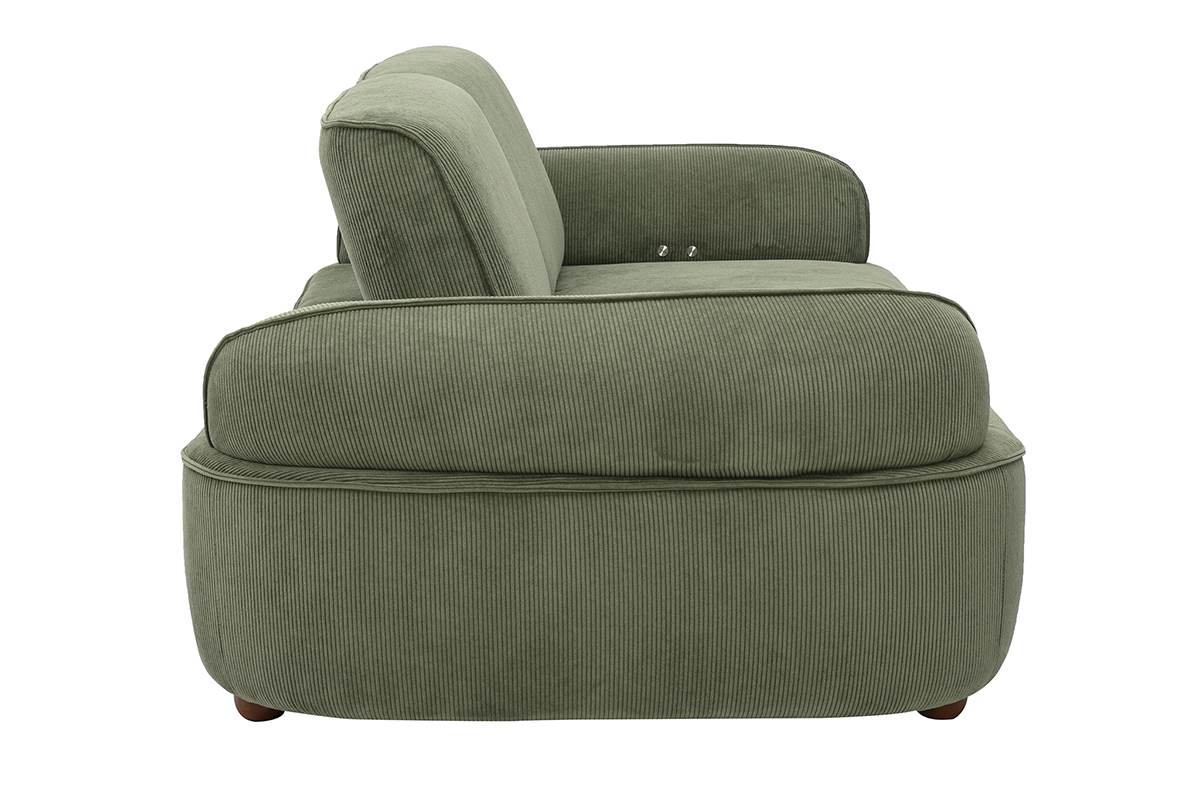 Canap� 3 places �lectrique en tissu velours c�tel� vert kaki, vue de profil, avec accoudoirs arrondis.