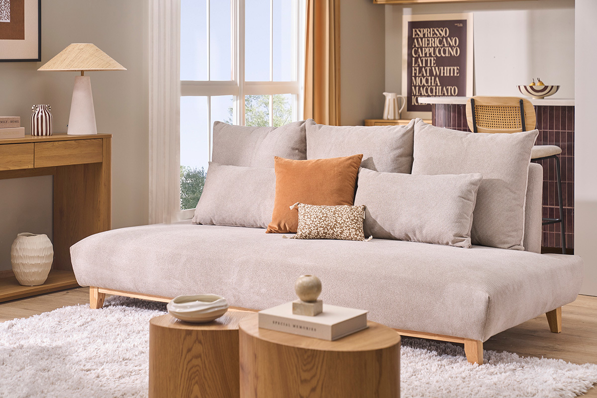 Canap� 3 places en tissu chenille beige et bois clair L201 cm BASTILLE