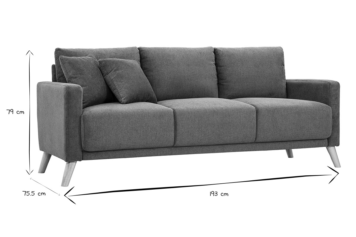 Canap� 3 places, dimensions 193x75.5x79 cm, en tissu chenille, noir et blanc.
