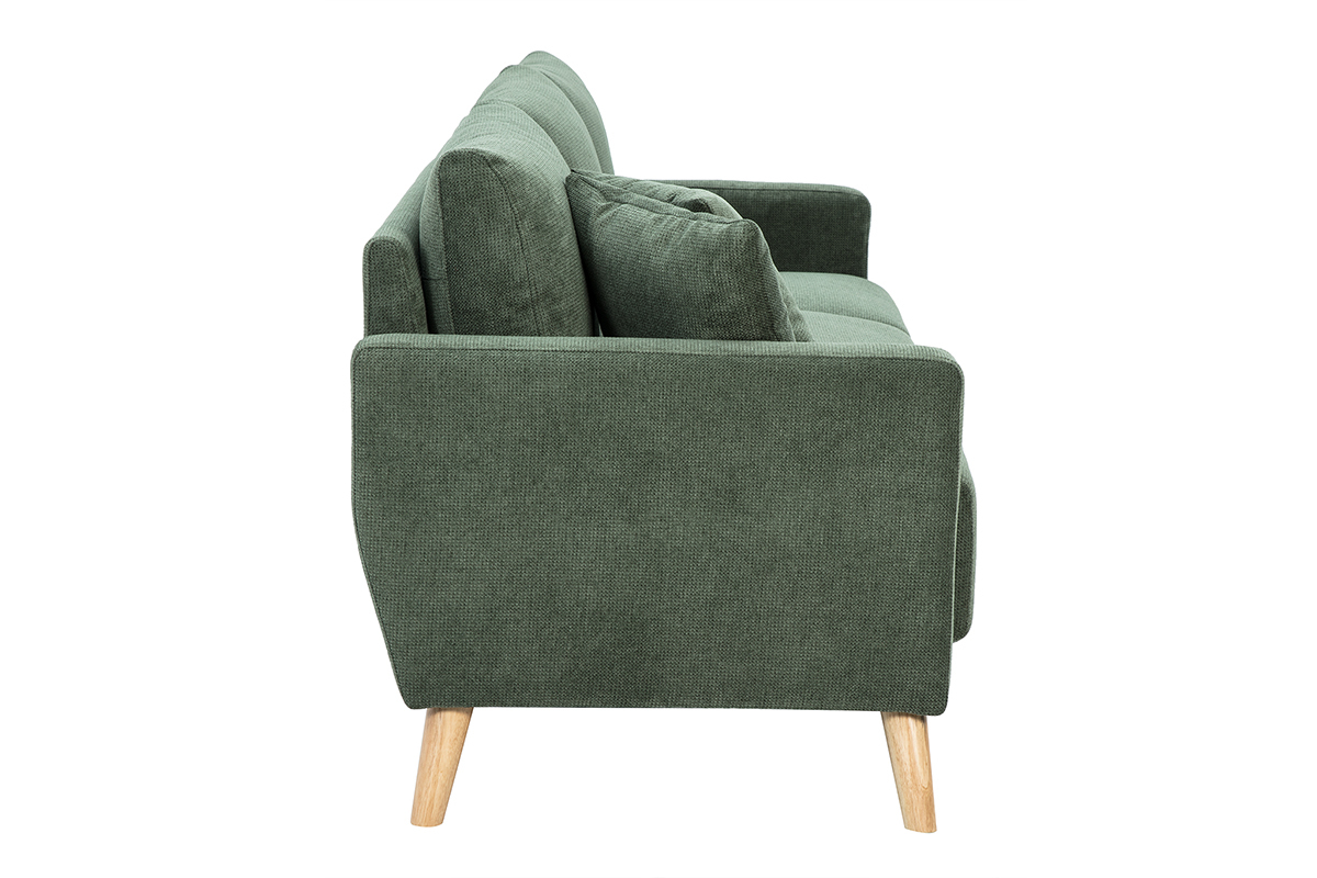 Canap� MUNIK vert kaki en tissu chenille, vue lat�rale, pieds en bois clair.