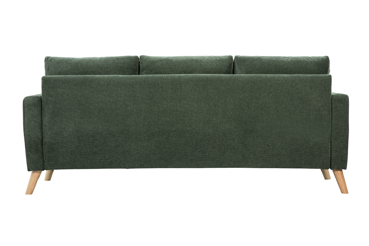 Canap� 3 places vert kaki en tissu chenille, vue de dos, pieds en bois clair.