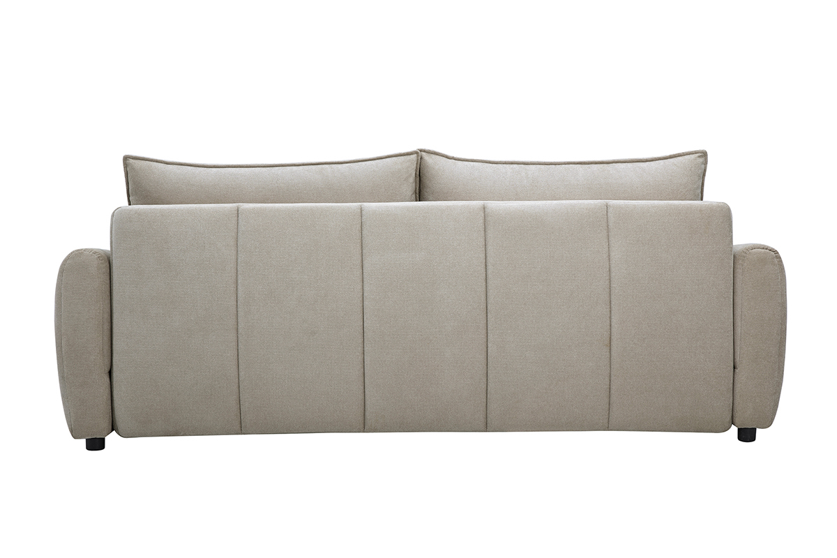 Canap� convertible 3 places en tissu chenille beige, vue de dos avec coussins moelleux.